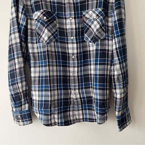 Levi’s Pearl Snap Plaid Flannel Button Down Western Shirt Shacket - Picture 6 of 12
